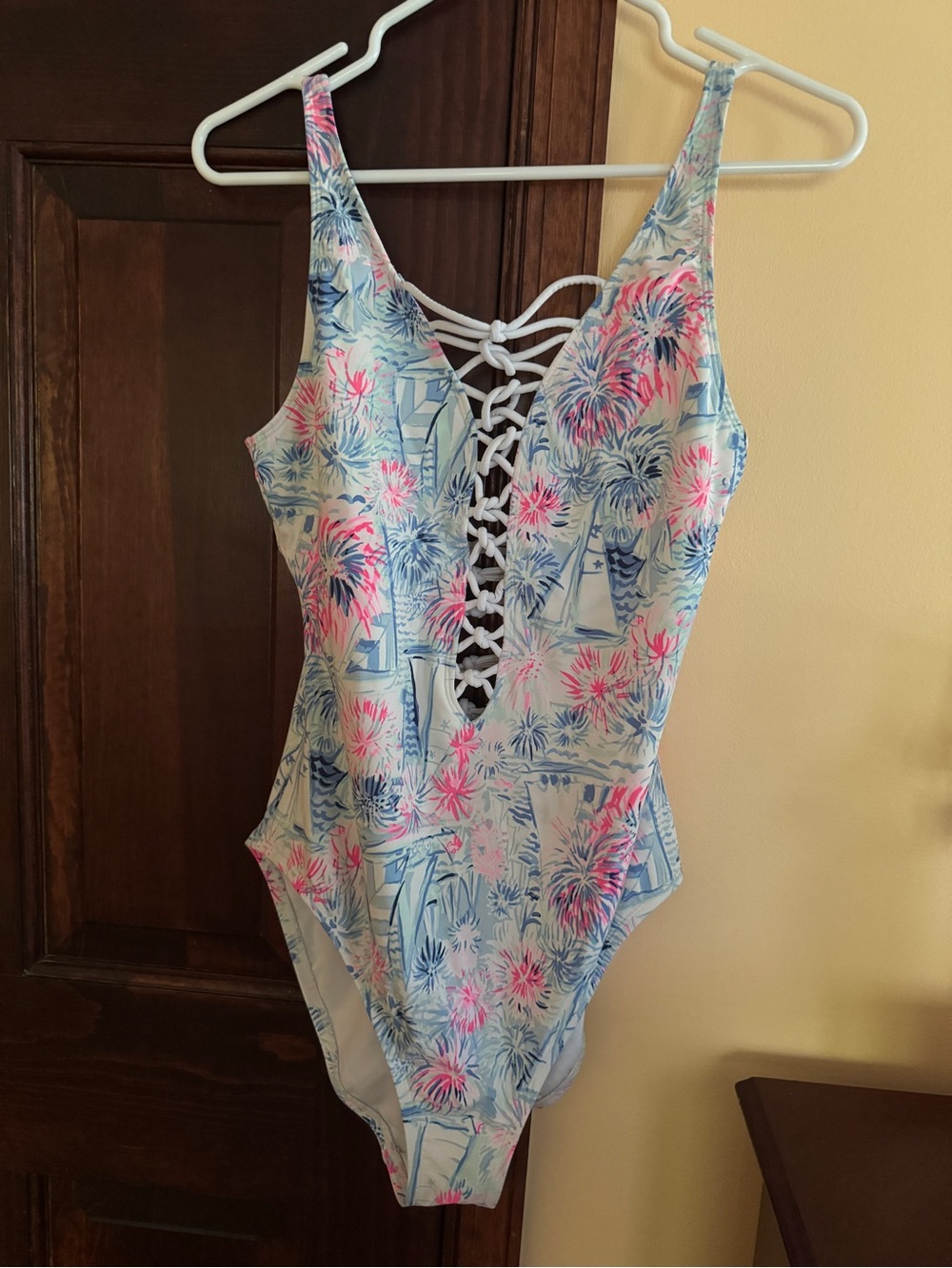 Lilly Pulitzer 10 Isle Lattice Lace-Up One-Piece Swimsuit in Sea to Shining Sea